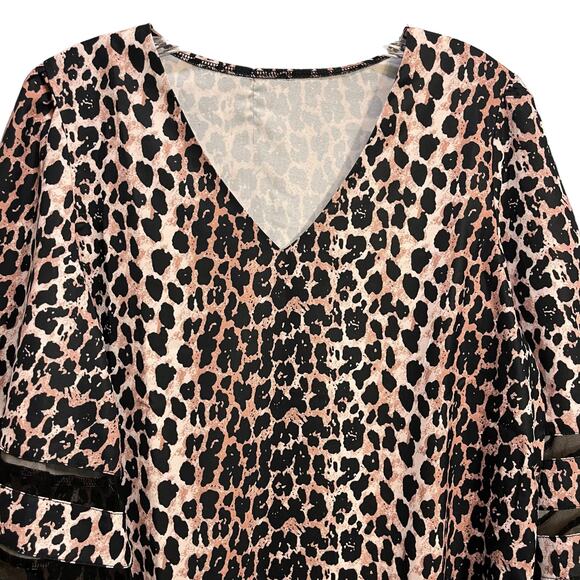 Luvamia V Neck 3/4 Bell Sleeve Animal Print Leopard Mesh Shirt Top - Picture 2 of 6
